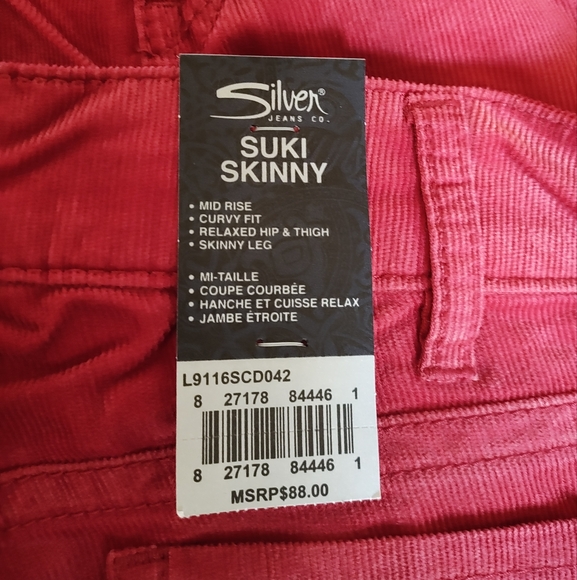 New Silver Jeans Suki Skinny Leg Curvy Fit  32 Red Soft Corduroy Stretch NWT - Picture 7 of 7